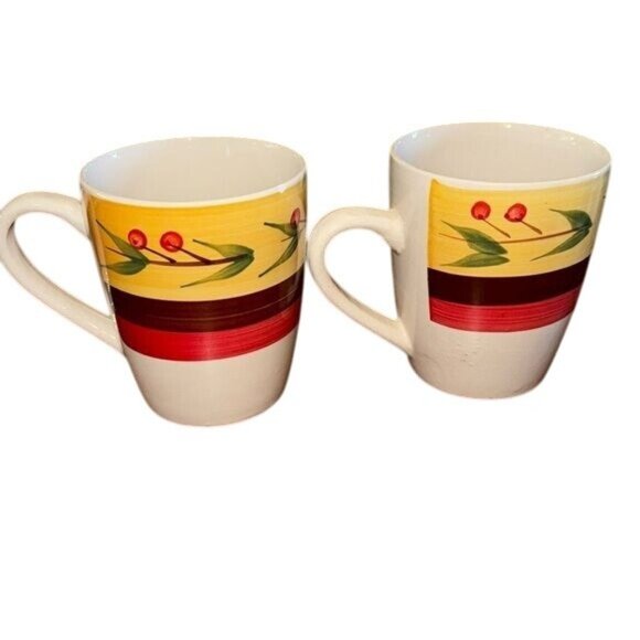 Set Of 2 Royal Norfolk Stoneware Mugs With Cherry Design Microwave & Dishwasher - Picture 1 of 7